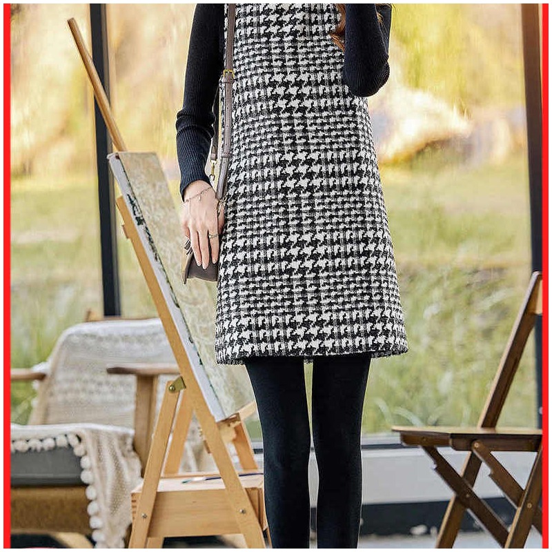千鸟格毛呢连衣裙女秋冬气质2025年新款高级感无袖打底马甲背心裙