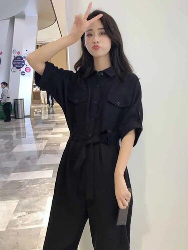 时尚短袖工装连体裤女2024夏季新款小个子休闲舒适宽松阔腿直筒裤