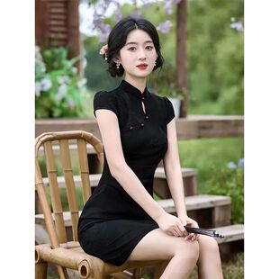 黑色旗袍新款小个子短款改良年轻款少女夏季新中式连衣裙修身9629