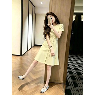 法式高级感夏季宽松显瘦黄色短袖收腰连衣裙大码胖妹妹小个子韩系