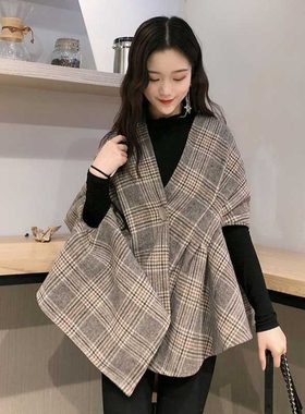 女装2025新款大衣毛呢外套秋冬英伦风复古不对称格子披肩斗篷