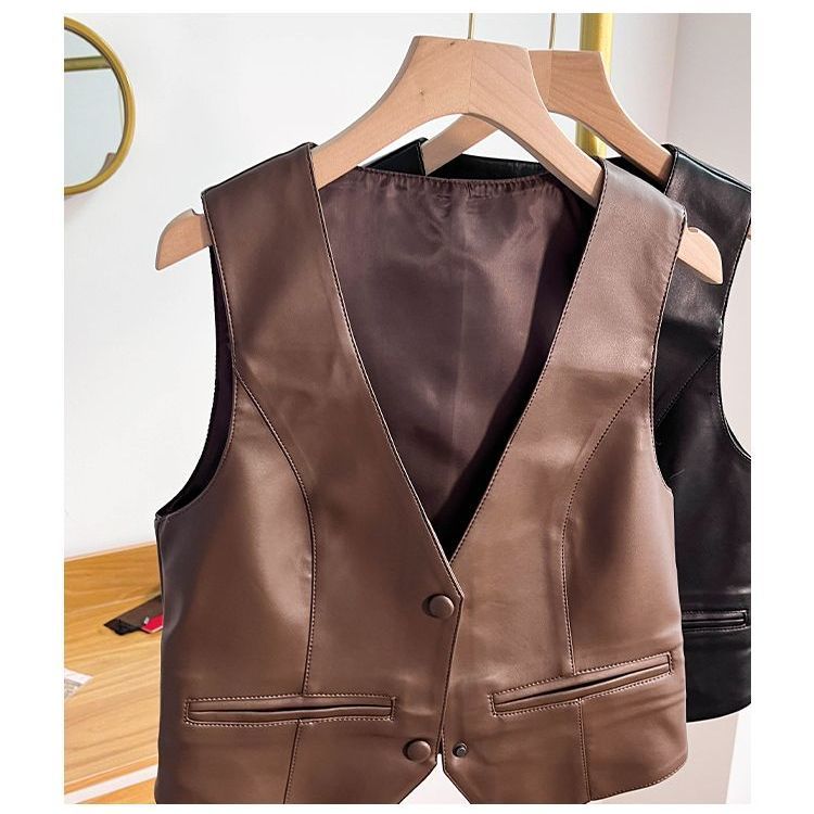 欧货pu皮衣马甲背心女2025秋冬高级感老钱风宽松叠穿V领坎肩外套