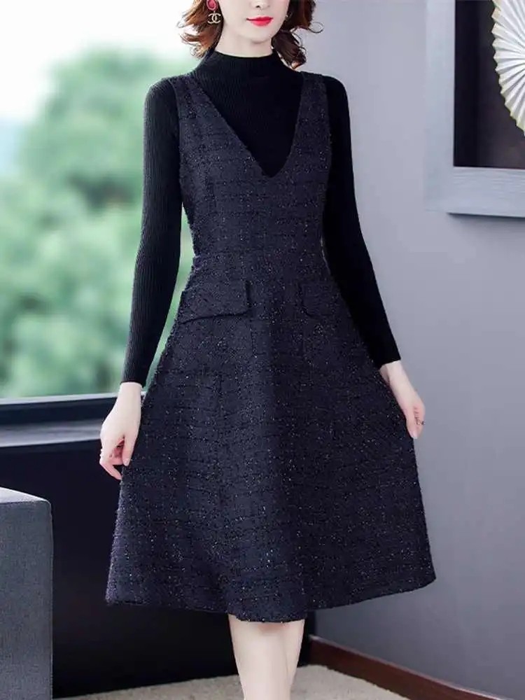 大码毛呢背心裙2024秋冬季女新款中款无袖口袋气质背带连衣裙洋气