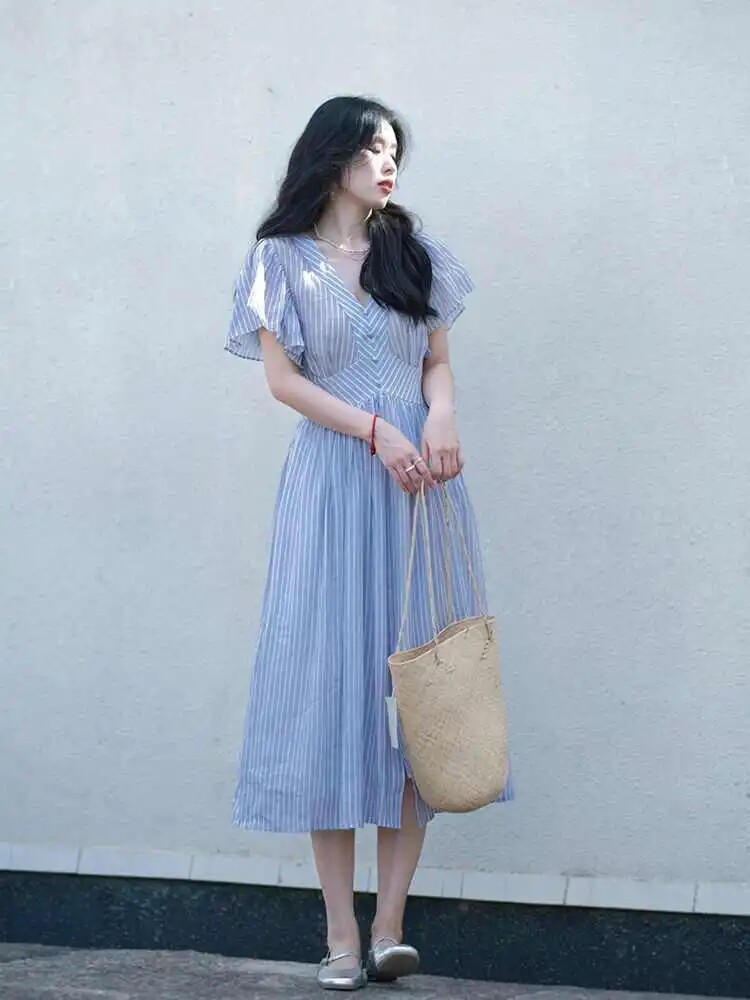 绝美清新郝本风连衣裙蓝色条纹长裙女装2024夏季新品高级感连衣裙
