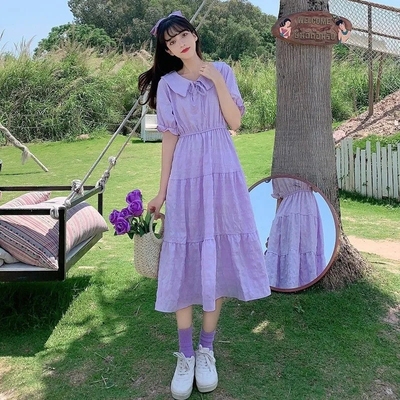 连衣裙少女生夏装2024新款初中高中学生甜美初恋紫色娃娃领长裙子