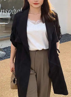 大码胖mm潮外套酷欧美风薄中长款显瘦西装收腰春秋装女装开衫上衣