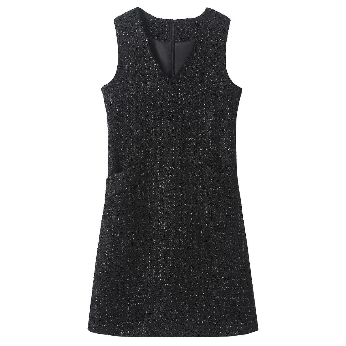 小香风亮丝简约背心连衣裙2025春秋新款减龄通勤无袖V领打底裙子