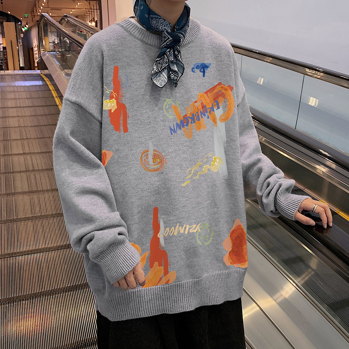 秋季港风长袖印花毛线毛衣男宽松休闲圆领套头针织衫线衣7781P55,男装针织衫/毛衣,星座227-7