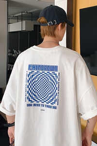 图案已注册港风流行棋盘格休闲情侣大码风短袖T恤DT7653P30图片