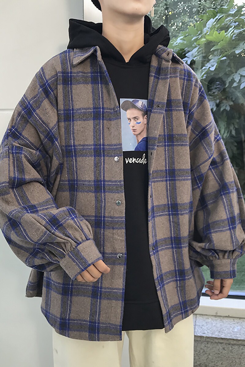 港风大码中性宽松磨毛呢料格子加厚长袖衬衫男7724P55,男装衬衫,星座227-7