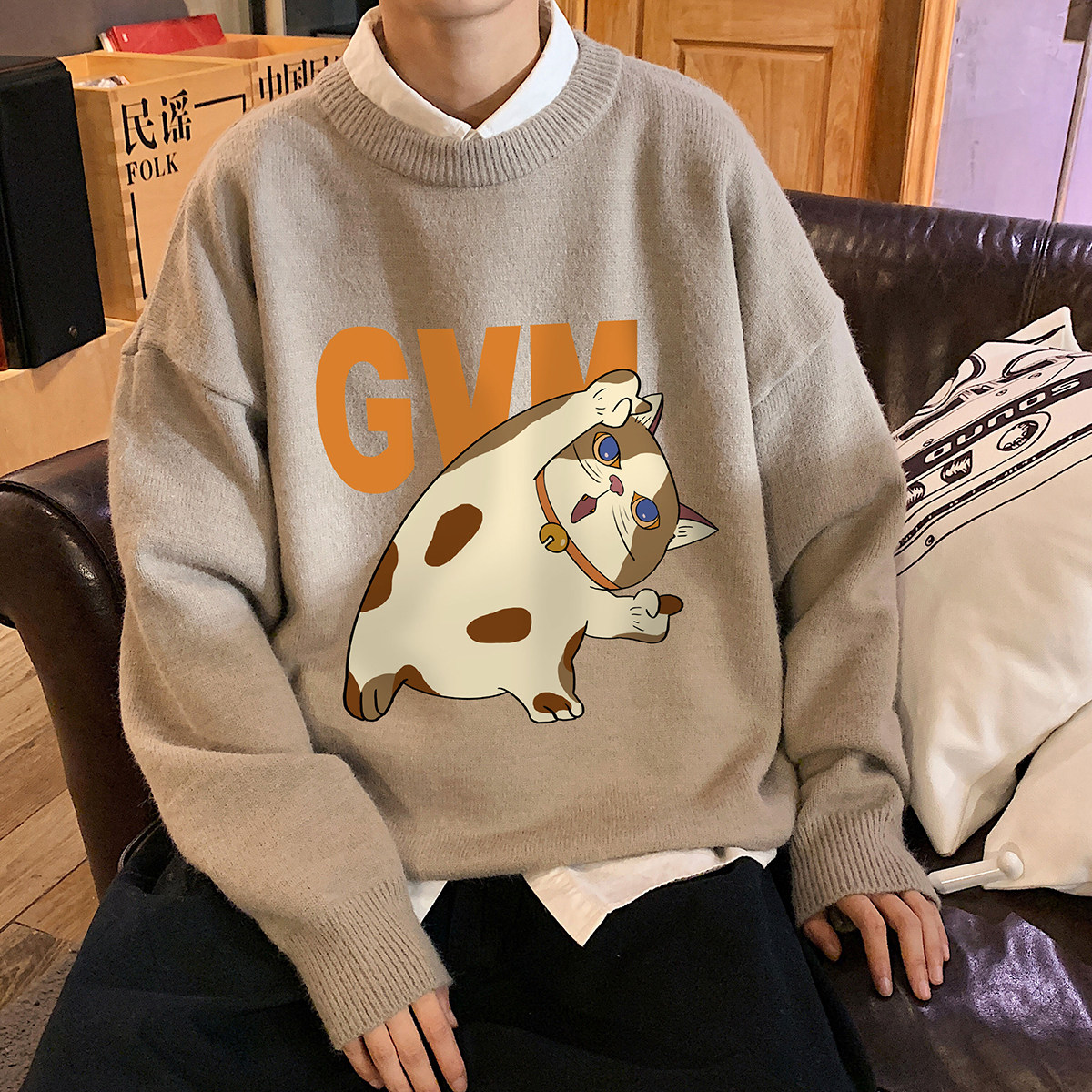 秋季港风长袖印花毛线毛衣男宽松休闲圆领套头针织衫线衣7740P48，男装针织衫/毛衣，星座227-7