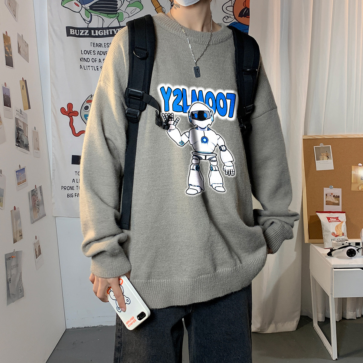 港风印花长袖毛线毛衣男宽松休闲圆领套头针织衫男线衣MY7446P48,男装针织衫/毛衣,星座227-7