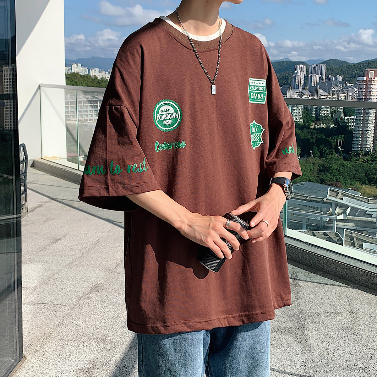 图案已注册港风日系中性休闲情侣大码风短袖T恤DT7638P30,男装T恤,星座227-7