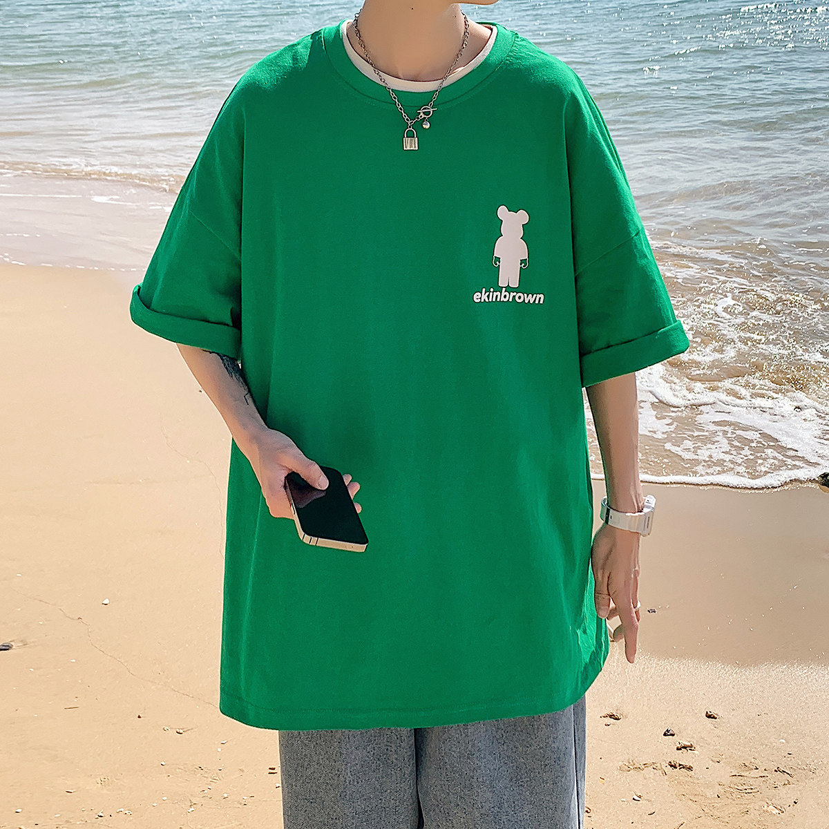 图案已注册港风日系中性休闲情侣大码风短袖T恤DT7736P25控38,男装T恤,星座227-7