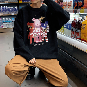 秋季港风长袖印花毛线毛衣男宽松休闲圆领套头针织衫线衣7673P48图片