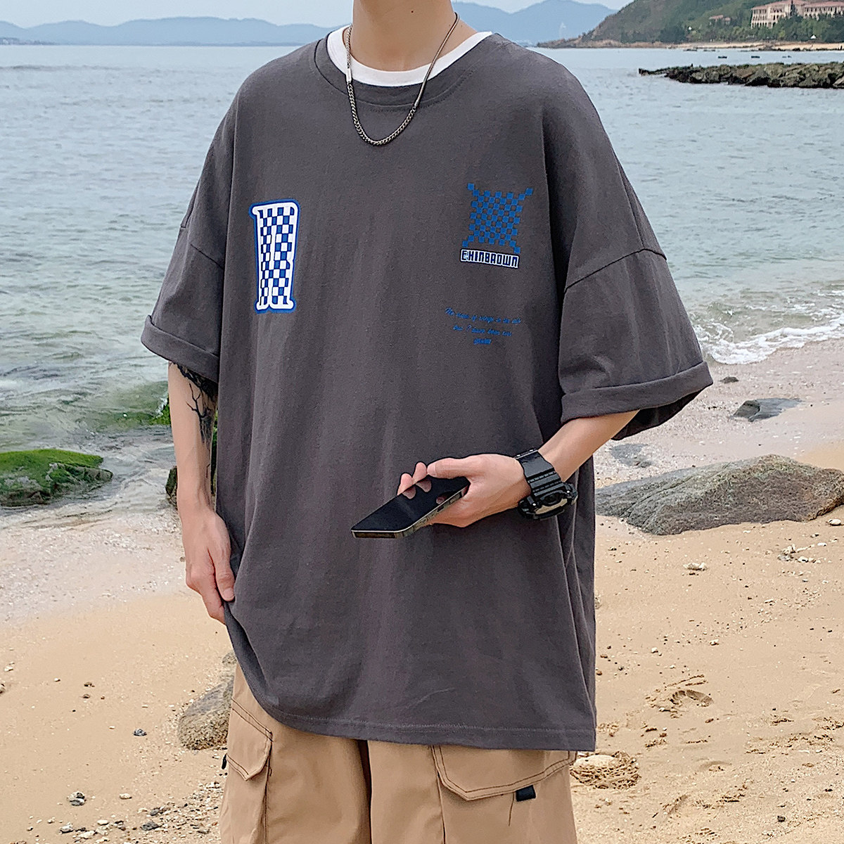 图案已注册港风流行棋盘格休闲情侣大码风短袖T恤DT7653P30,男装T恤,星座227-7