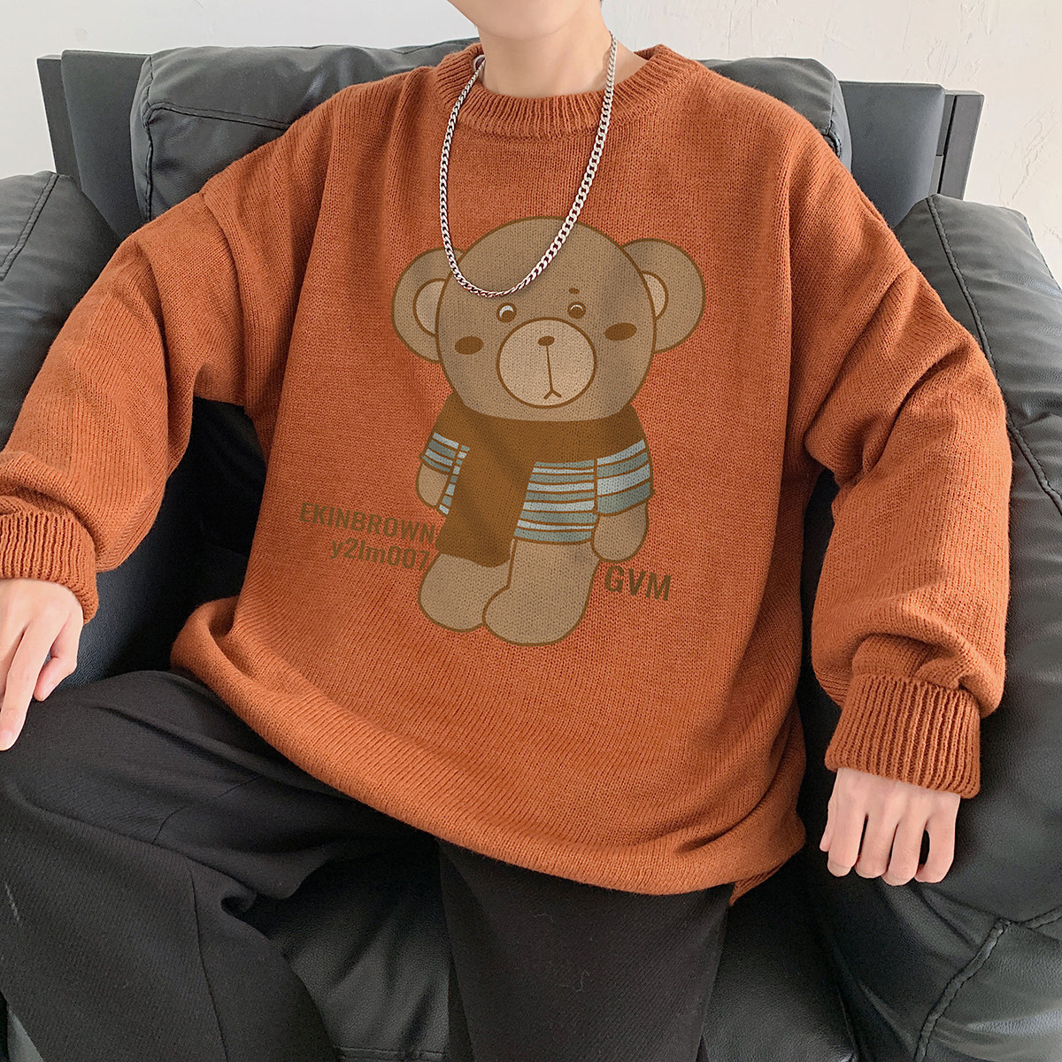 秋季港风长袖印花毛线毛衣男宽松休闲圆领套头针织衫线衣7930P48,男装针织衫/毛衣,星座227-7