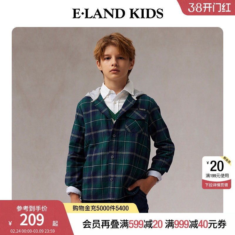 eland kids衣恋童装男童衬衫春秋休闲学院风LOGO刺绣格