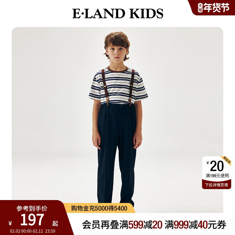eland kids衣恋童装男童裤子夏季复古学院风徽章刺绣背带裤