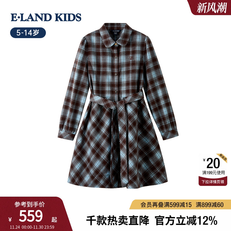 elandkids女童复古格纹连衣裙