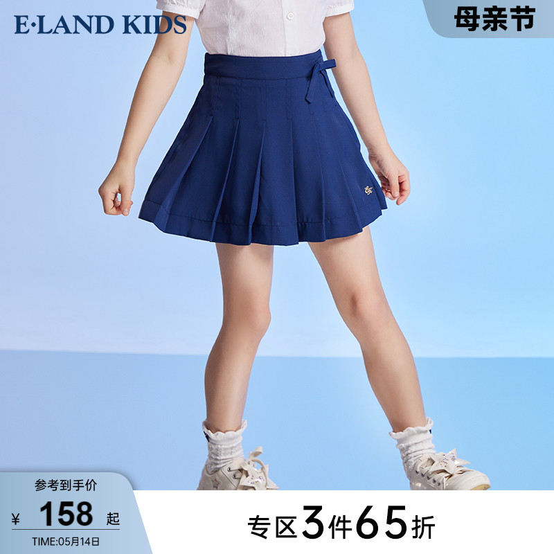 eland Kids衣恋童装春夏款女童学院风蝴蝶结俏皮百褶裙半身裙短裙