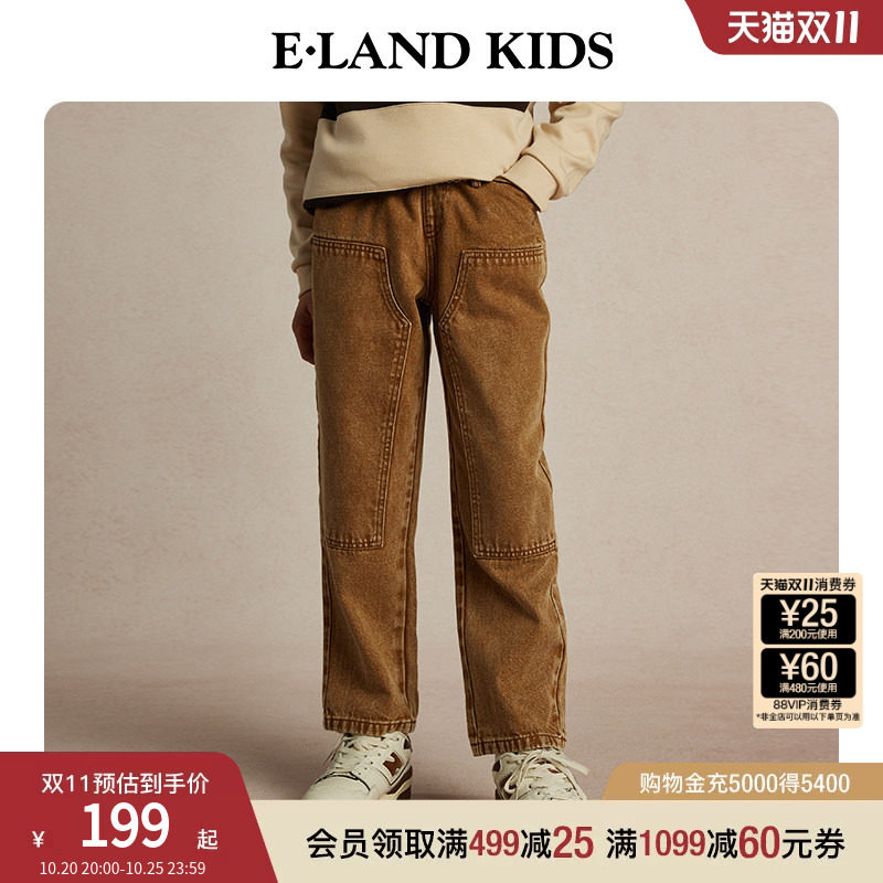 eland kids衣恋童装男童牛仔裤春秋复古学院风刺绣松紧腰休闲裤子