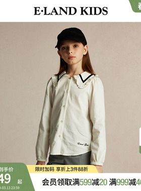 【100%棉】eland kids衣恋童装女童衬衫春秋花边翻领刺绣长袖上衣