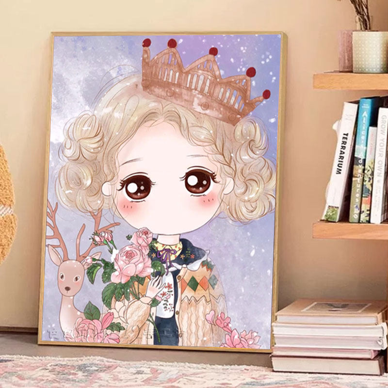 女孩小鹿5d钻石画卡通女孩新款满钻卧室简约diy点贴钻十字绣公主