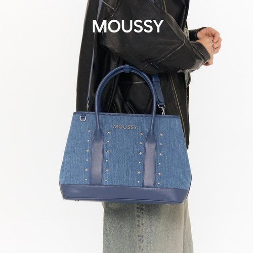 Moussy牛仔帆布托特包单肩斜挎包大学生通勤上课包潮酷女包