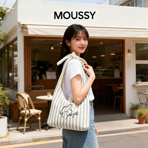 Moussy女大容量牛仔帆布托特包条纹单肩包购物袋大学生上课通勤包