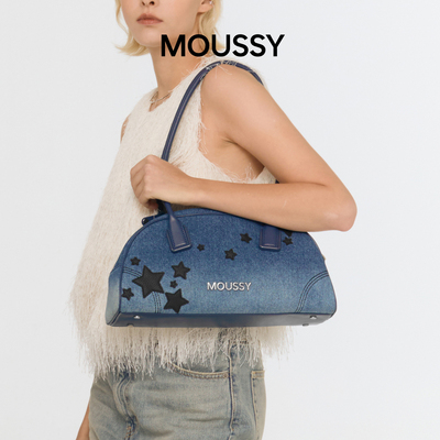 Moussy牛仔帆布波士顿保龄球包单肩通勤女包小众潮酷包包