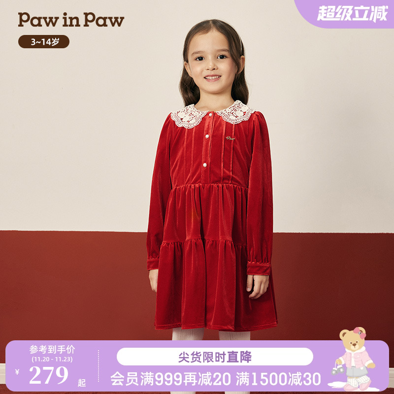 【圣诞】PawinPaw卡通小熊童装25年冬季新款女童丝绒连衣裙可爱
