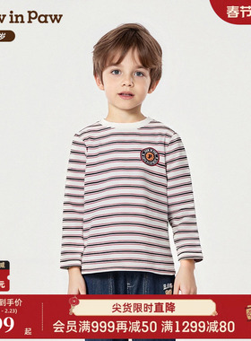 【商场同款】PawinPaw卡通小熊童装25年秋季新款男童条纹长袖T恤
