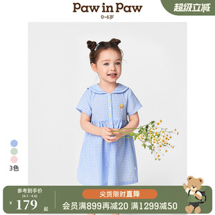 春夏女宝宝花边翻领简洁格纹连衣裙 PawinPaw卡通小熊童装