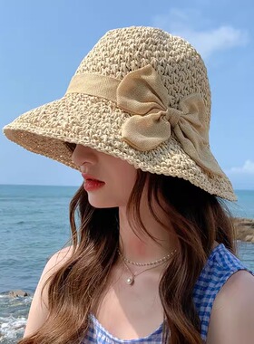 草帽女蝴蝶结编织海边渔夫帽韩版潮遮脸太阳帽网红款遮阳防晒帽子