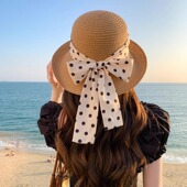 夏季 帽子女波点飘带草帽旅游沙滩帽大沿防晒遮阳礼帽翘沿太阳海边