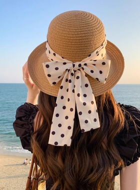 夏季帽子女波点飘带草帽旅游沙滩帽大沿防晒遮阳礼帽翘沿太阳海边