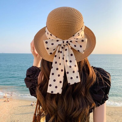 夏季帽子女波点飘带草帽旅游沙滩帽大沿防晒遮阳礼帽翘沿太阳海边
