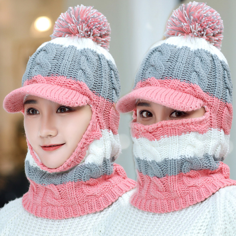 针织帽骑车帽子女冬天青年鸭舌毛线帽加绒加厚遮脸帽子围巾一体帽