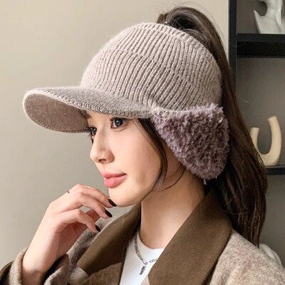 空顶毛线针织帽女秋冬季2024新款可爱保暖加绒护耳骑车帽子显脸小