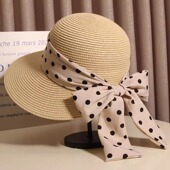 法式 复古优雅波点蝴蝶结遮阳大檐草帽女夏季 海边度假沙滩防晒盆帽