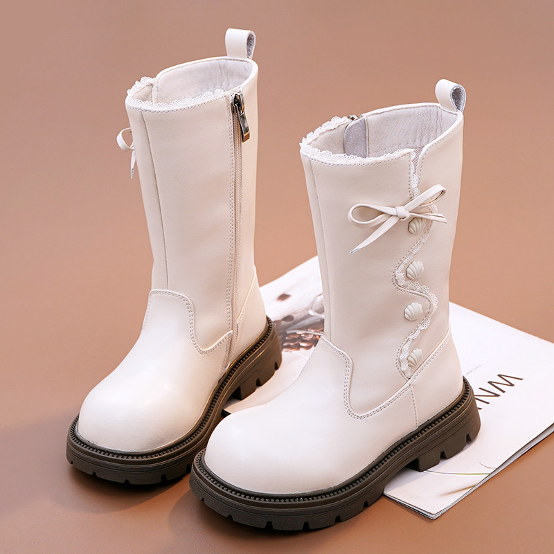 女童马丁靴高筒靴二棉公主靴真皮软底加绒棉靴子2025秋冬新款单靴