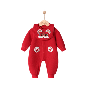 小丹佛尔婴儿满月百日宴连体衣服秋冬季宝宝夹棉夹丝哈衣红色年服