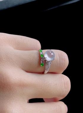 2026天然缅甸翡翠A货冰种白冰蛋面戒指18K金镶嵌0104N103