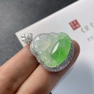 2025天然缅甸翡翠A货冰种飘阳绿佛公吊坠18K金镶嵌1031M105