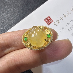 2025天然缅甸翡翠A货冰种黄翡金蟾献宝吊坠18k金镶嵌1129M105