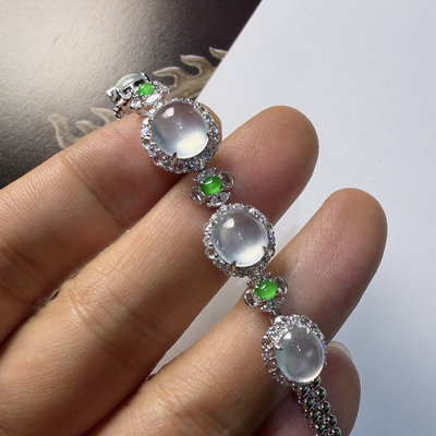 2026天然缅甸翡翠A货冰玻种白冰蛋面手链18k金镶嵌0328W104