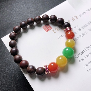 2025天然缅甸翡翠A货冰种三彩手链手串檀木配珠0523M108