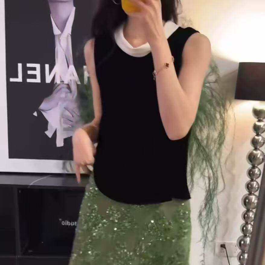 夏季黑色丝绒圆领宽松显瘦女背心
