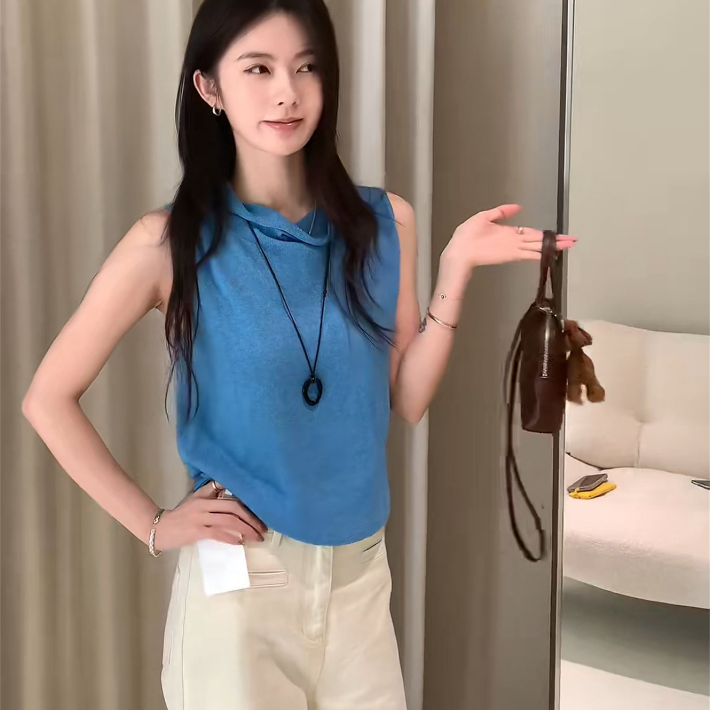 韩系蓝色堆堆领显白显瘦针织背心